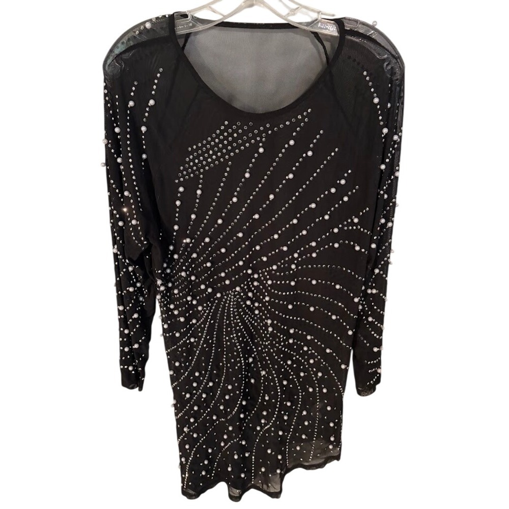 Shein Curve Black Mesh Pearl Rhinestone Embellished Long Sleeve Top 4XL L0418